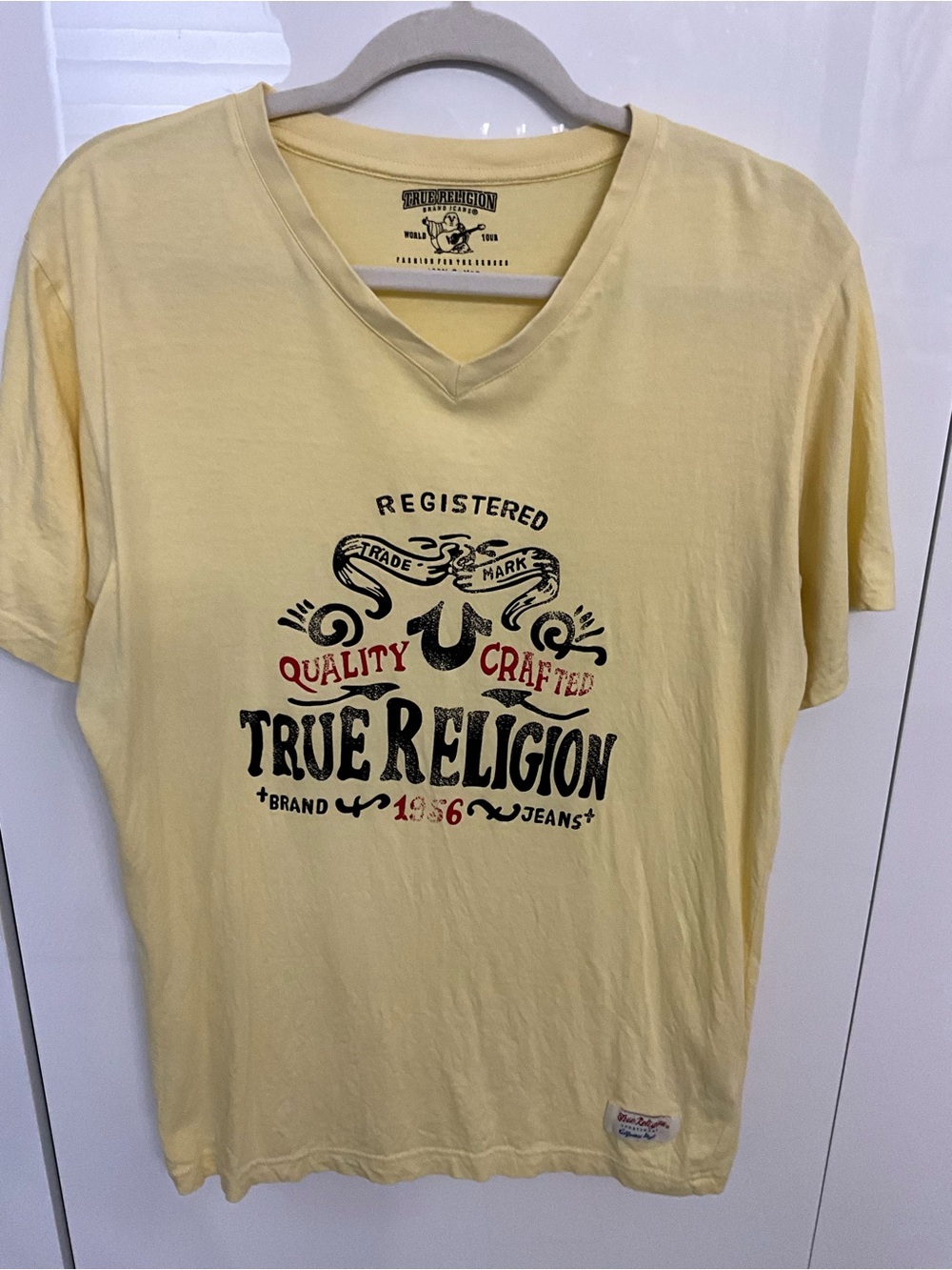 True Religion Pale Yellow Graphic V-Neck Tee